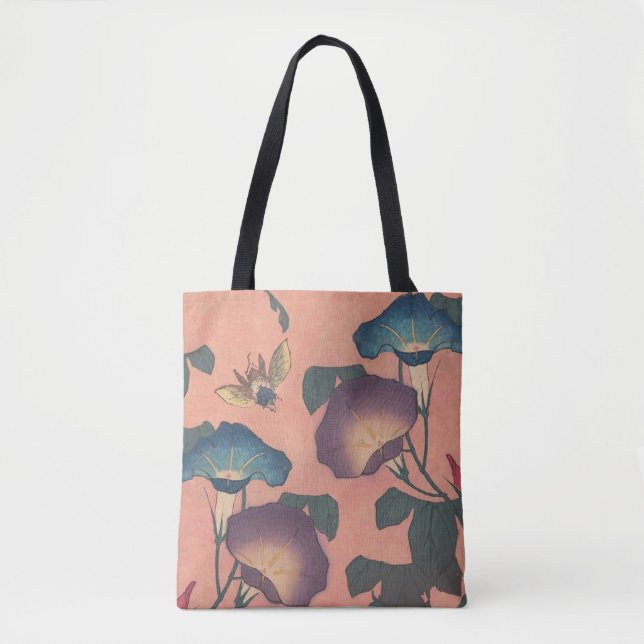 Bolsa Tote Flor de Abelha Rosa Arte Clássica Hokusai (Frente)