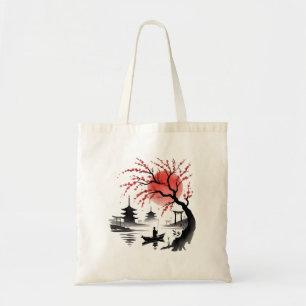 Bolsa Tote Flor de Cerejeira Japonesa Sol Vermelho Paisagem V
