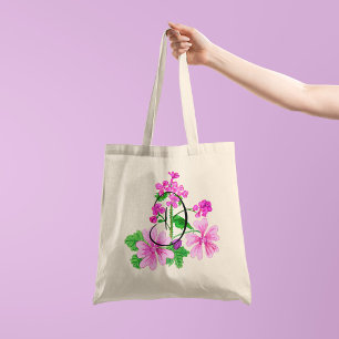 Bolsa Tote Flor de cor-de-rosa aquarela com o seu inicial de