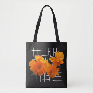 Bolsa Tote Flor de Cosmos Laranja na Grade Branca em Preto