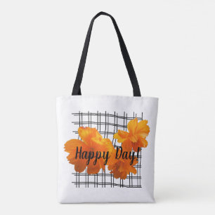 Bolsa Tote Flor de Cosmos Laranja na Grade Preta em Branco