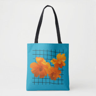 Bolsa Tote Flor de Cosmos Laranja na Grade Preta na Turquesa
