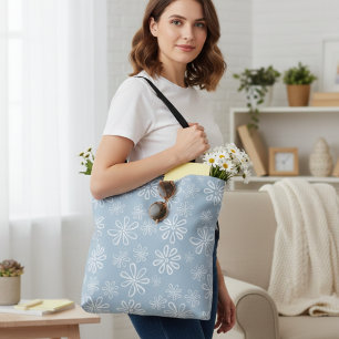 Bolsa Tote Flor de energia azul e branco Floral