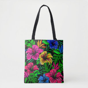 Bolsa Tote Flor de Hibisco Rosa Azul Tropical Elegante