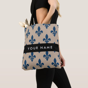 Bolsa Tote Flor de Lis, Azul Marinho em Bege, Real, Seu Nome