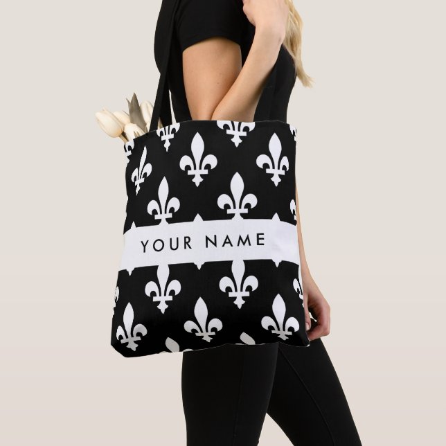 Bolsa Tote Flor de Lis, Branco sobre Preto, Branco, Seu Nome (Close Up)