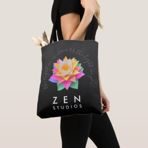 Bolsa Tote Flor de Lotus multicolorida elegante em preto