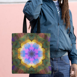 Bolsa Tote Flor de Mandala, Cor-de-rosa, azul e amarelo