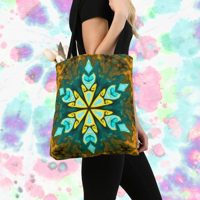 Bolsa Tote Flor de Mandala Psicodélico Teal e Amarelo (Criador carregado)