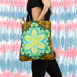 Bolsa Tote Flor de Mandala Psicodélico Teal e Amarelo