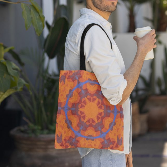 Bolsa Tote Flor de Mandala Retroativa Laranja e Azul (Criador carregado)