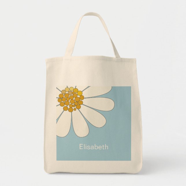 Bolsa Tote Flor de Margarida Branca e Nome Personalizado Azul (Frente)