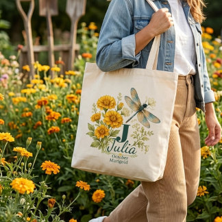 Bolsa Tote Flor de Nascimento de Outubro Calêndula & Libélula