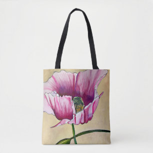 Bolsa Tote Flor de papoila rosa com aquarelas