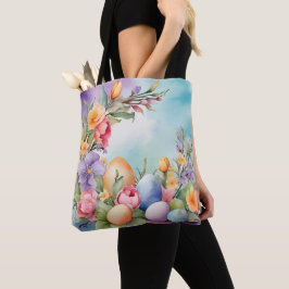 BOLSA TOTE FLOR E OVOS DE PÁSCOA PASTEL COLORIDOS