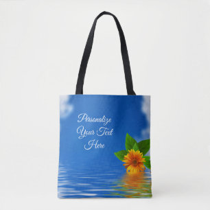 Bolsa Tote Flor Elegante em Água Ondulante Texto Personalizad