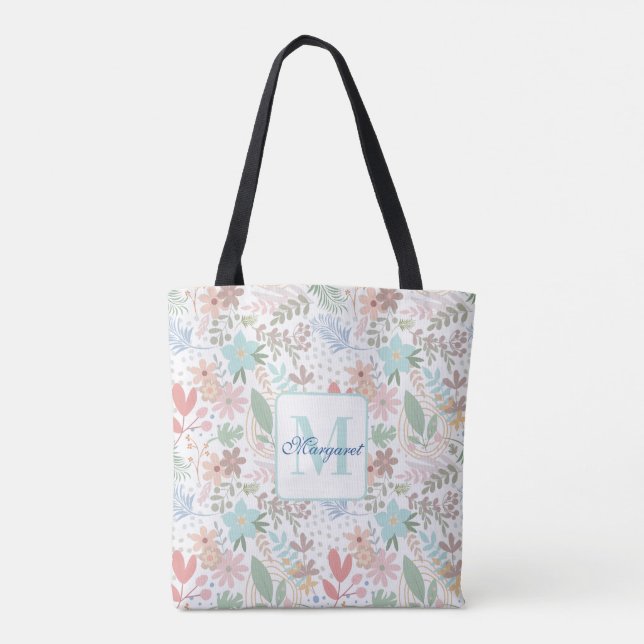 Bolsa Tote Flor Floral Elegante Azul Folha Mole Monograma (Verso)