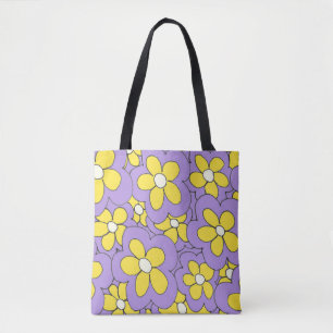Bolsa Tote Flor impressão amarelo-púrpura desenhada à mão