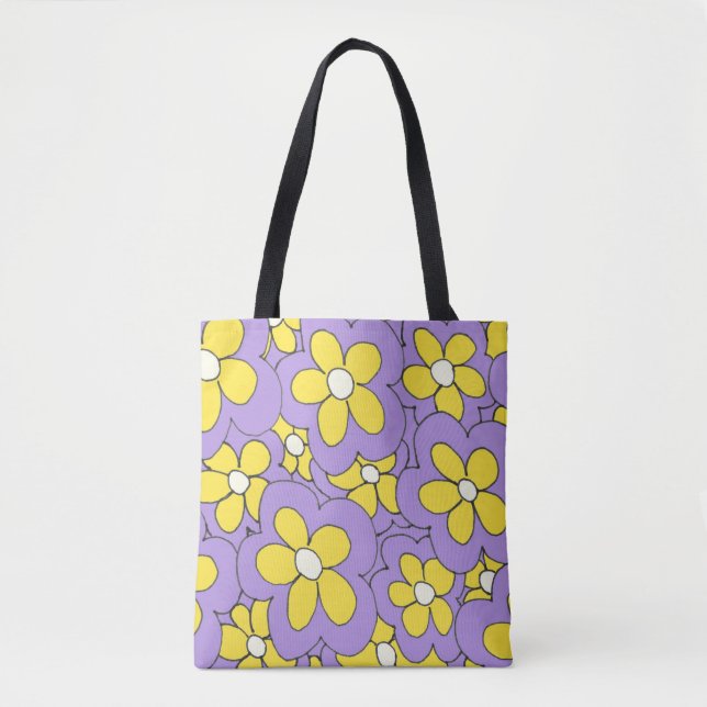 Bolsa Tote Flor impressão amarelo-púrpura desenhada à mão (Frente)