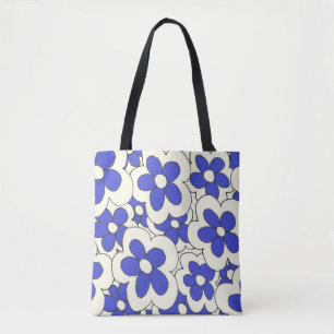 Bolsa Tote Flor impressão azul-branca desenhada à mão
