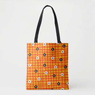Bolsa Tote Flor Laranja Vermelho Padrão de Verificação Vibran