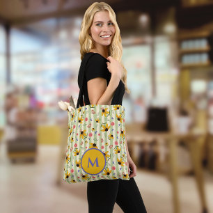 Bolsa Tote Flor padrão com borboleta e coneflower monograma