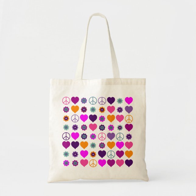 Bolsa Tote Flor Power Heart Peace Pattern + seu backgr. (Frente)