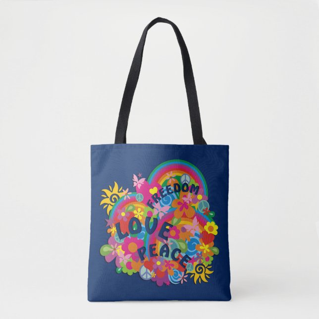Bolsa Tote Flor Power Rainbow FREEDOM AMOR PAZ (Frente)