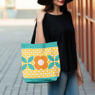 Bolsa Tote Flor Retro, Padrão Geográfico Laranja, Teal, Rosa