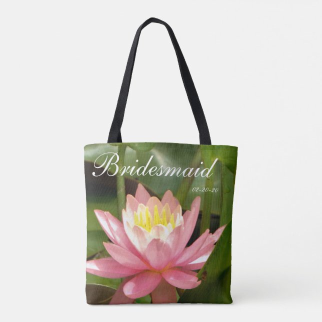 Bolsa Tote Flor rosa branca personalizada com nome Bridesmaid (Verso)