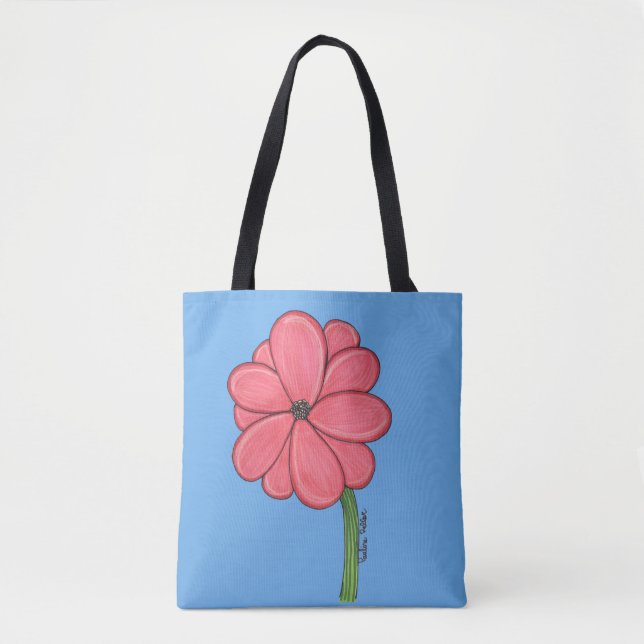 Bolsa Tote Flor Rosa Cheia com Fundo Azul (Frente)