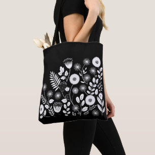 Bolsa Tote Flor-selvagem do Boho Negro e Branco
