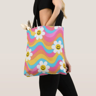 Bolsa Tote Flor Sorridente Ondulada Groovy Retro
