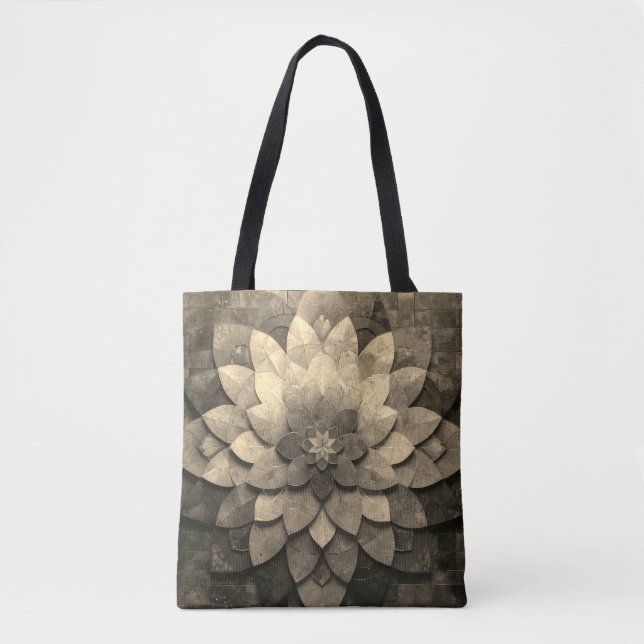 Bolsa Tote Flor Texturizada com Mandala, Ouro antigo (Frente)
