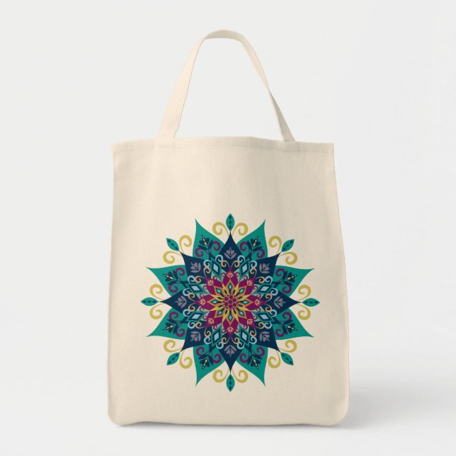 Bolsa Tote Flor-Turquesa da mandala & azul de índigo (Frente)