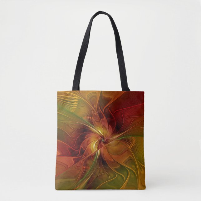 Bolsa Tote Flor verde-laranja-abstrato Vermelho Castanho-Cast (Frente)