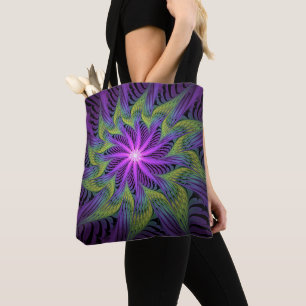 Bolsa Tote Flor Verde Roxo, Abstrato, Arte Fractal