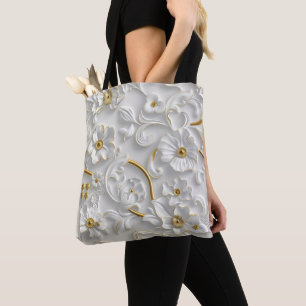 Bolsa Tote Flora 3D Decorativa Dourada Branca Floral