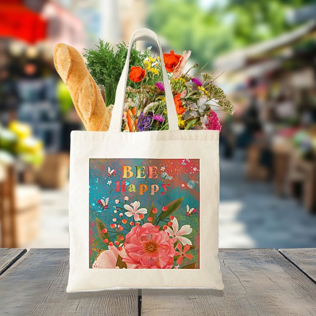 Bolsa Tote Florais Coloridos Rosa Inspiracional (Colorful Boho Florals with typography hand painted "Bee Happy")