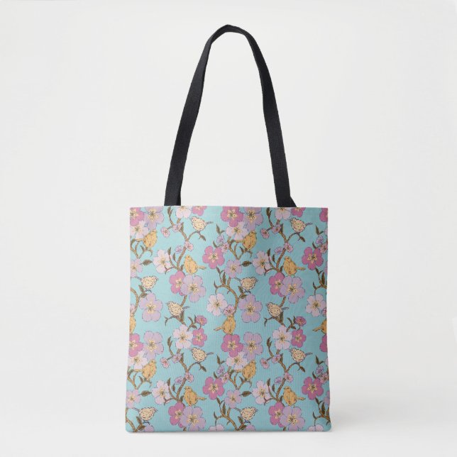Bolsa Tote Florais e Pássaros Caprichosos - Turquesa (Frente)