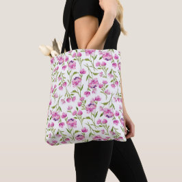 Bolsa Tote Florais em Aquarela Boêmia Média - Rosa/Branco