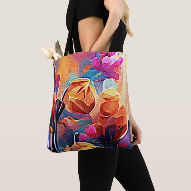 Bolsa Tote Floral Abstrato Art Laranja Vermelho Azul Flores (Close Up)