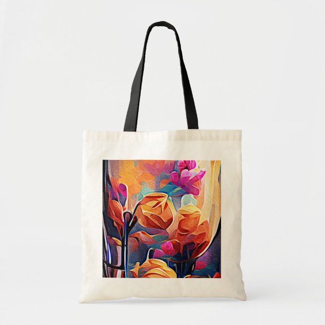 Bolsa Tote Floral Abstrato Art Laranja Vermelho Azul Flores (Frente)