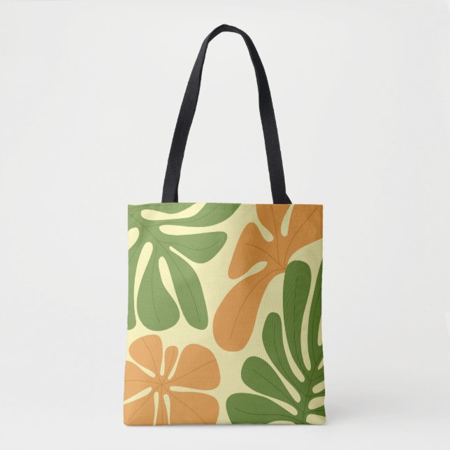Bolsa Tote Floral Abstrato Moderno Verde e Laranja (Frente)
