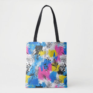 Bolsa Tote Floral Abstrato Ousado em Azul Rosa e Amarelo