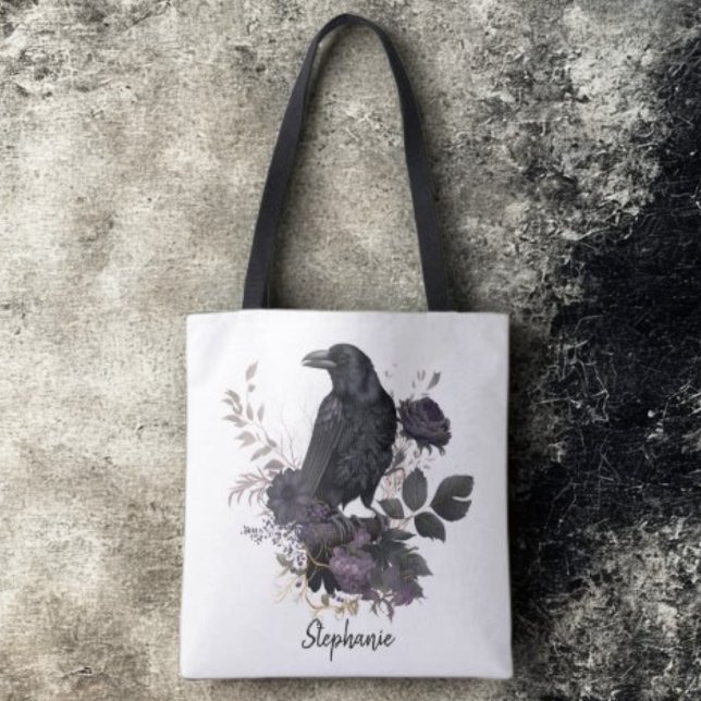Bolsa Tote Floral Academia Sombria Corvo Gótico (Floral black raven personalized tote bag)