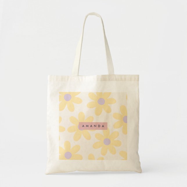 Bolsa Tote Floral Amarela de Margarida Retro Personalizada (Frente)