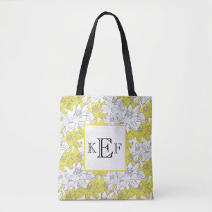 Bolsa Tote Floral Amarelo e Cinza Branco com Monograma