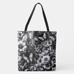 Bolsa Tote Floral Antiquado Monocromático com Borboletas