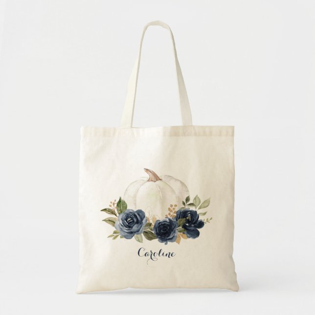 Bolsa Tote Floral Azul Marinho Abóbora Damas de Honra de Outo (Frente)